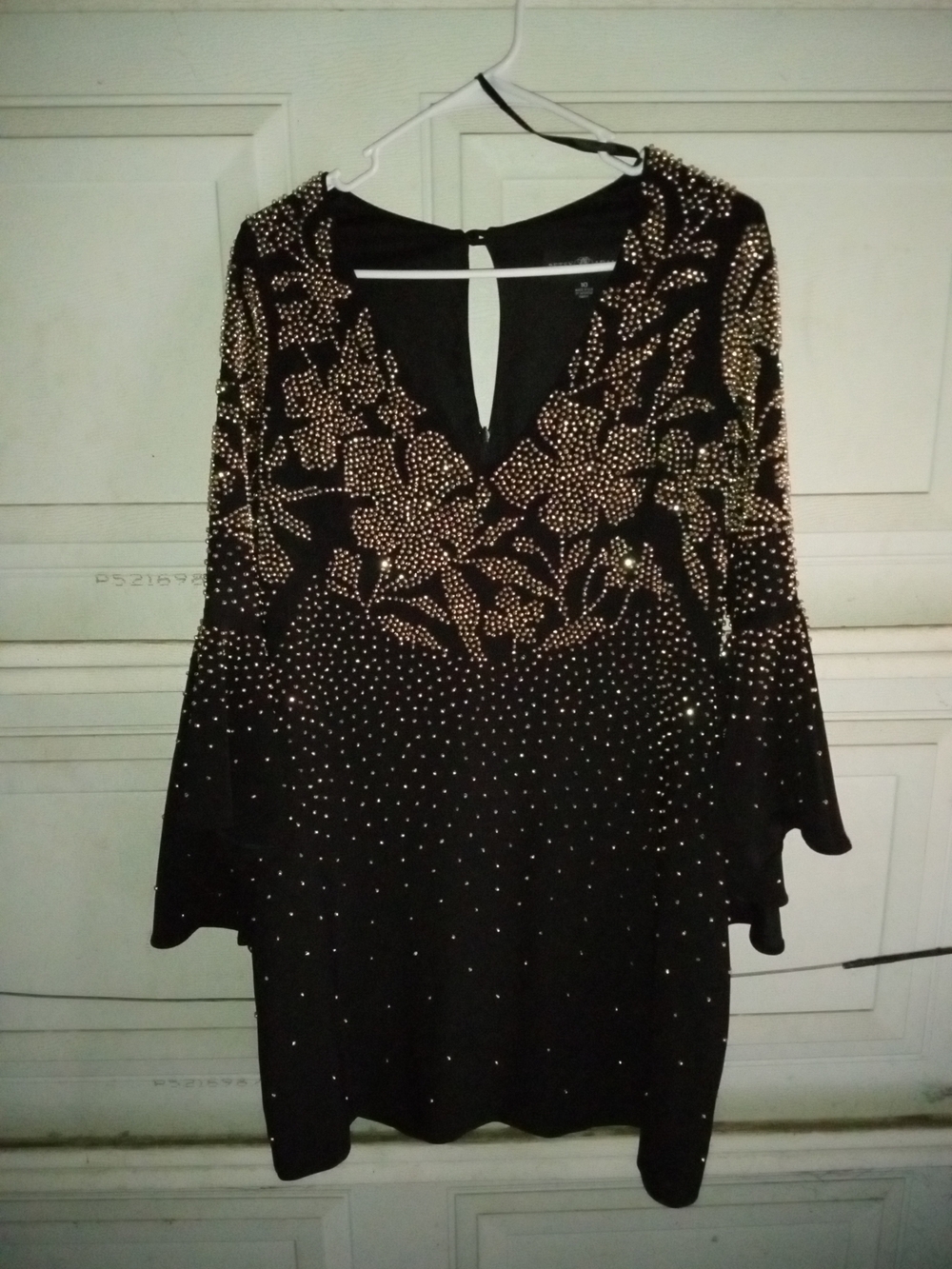 Black Long-Sleeve V-Neck Dress with Gold Stud Floral Detail